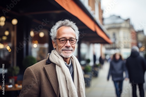 Portrait of senior man with grey hair and glasses in the city.