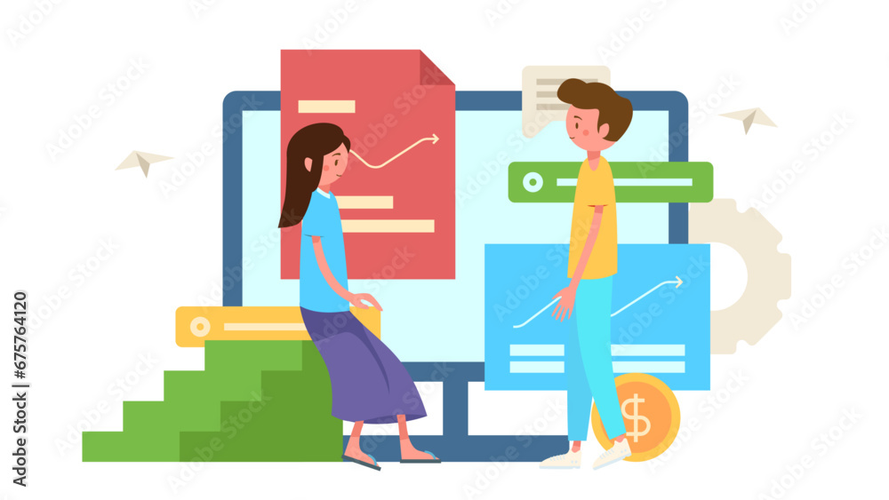 Two people are standing in front of business file and diagram report Two people are standing in front of business file and diagram report