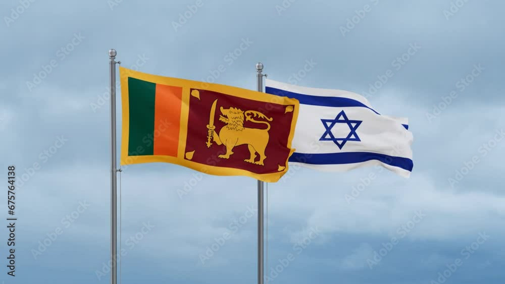 Israel flag and Sri Lanka flag waving together on cloudy sky, endless seamless loop, two country relations concept Israel flag and Sri Lanka flag waving together on cloudy sky, endless seamless loop, two country relations concept