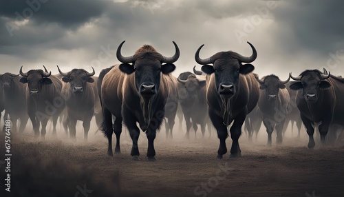 A herd of wild buffaloes standing under a stormy sky