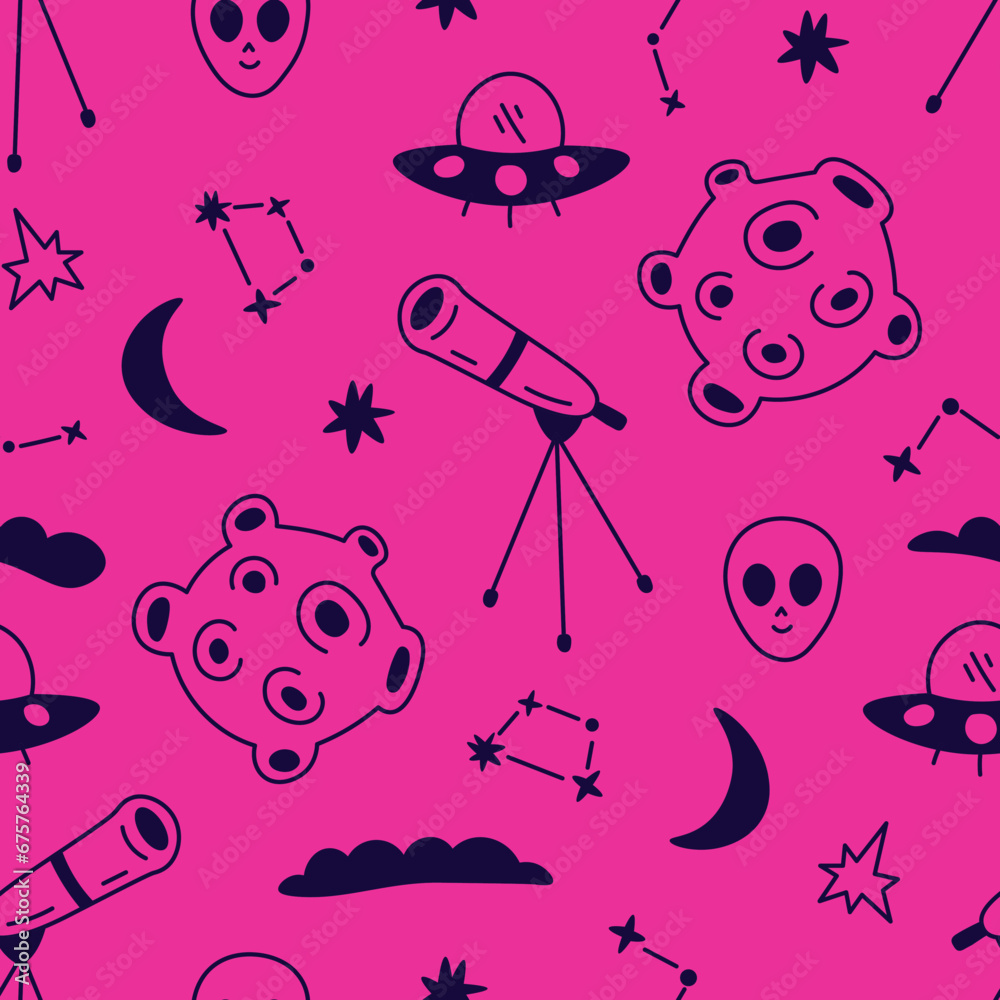 Fototapeta premium Colorful Space seamless pattern in doodle style. Vibrant hand drawn astronomy repeat vector illustration with planets, UFO, flying saucer, alien, telescope, moon and stars on purple background