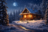 picture of a cozy cabin surrounded by snow
