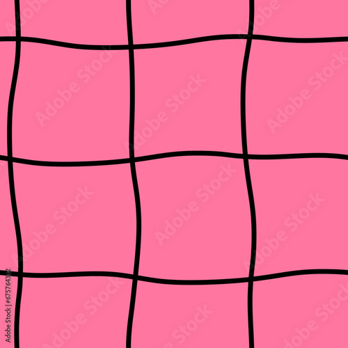 Trendy checkered pink seamless pattern with black curves. Modern pinkcore 90s and Y2k design. Twisted repeat vector illustration. Vintage aesthetics for woman, girl, kids, fabric, textile, backdrop photo