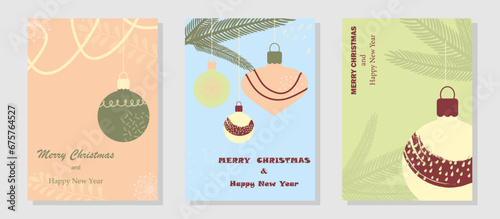  Merry Christmas and Happy New Year greeting card set. Minimal modern design for cards, banner, poster, cover, web, templates. Vector illustration