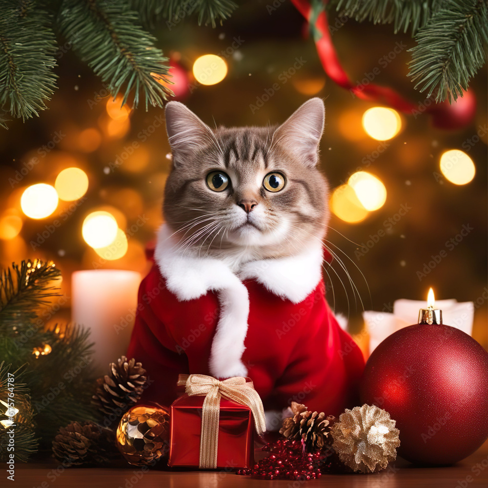 Obraz premium Gato vestido de papá Noel Santa Claus junto a un regalo adornos navideños y bajo las hojas de un árbol de navidad 