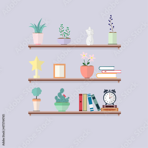 Bookshelves with books and other items. Books, statue, potted plant, photo frame, cup, clock. Vector illustration.