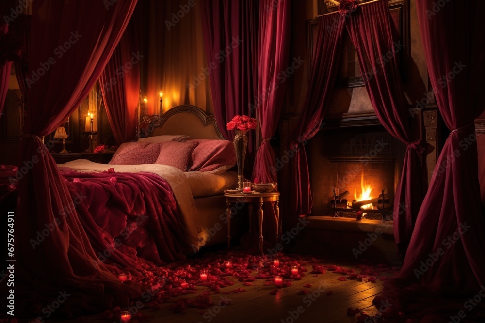 Romantic evening in the interior of a room with a red hearts. Valentine's day concept.