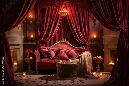 Romantic evening in the interior of a room with a red hearts. Valentine's day concept.