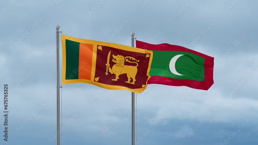 Maldives flag and Sri Lanka flag waving together on cloudy sky, endless seamless loop, two country relations concept Maldives flag and Sri Lanka flag waving together on cloudy sky, endless seamless loop, two country relations concept
