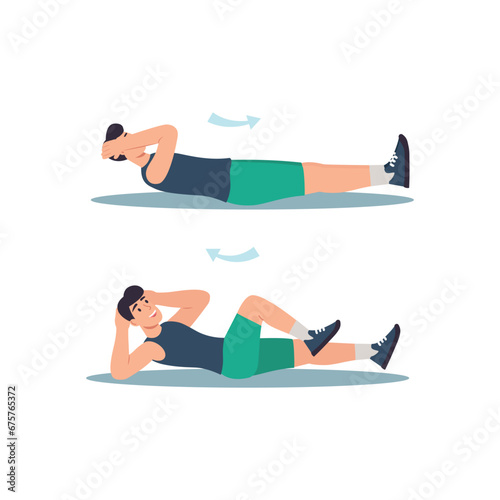 Concept Men's workout in the flat cartoon design. This illustration is an instruction for guys on how to properly perform exercises to pump up the press. Vector illustration.