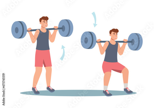 Concept Men's workout in the flat cartoon design. This flat design illustration vividly brings to life the concept of men's involvement in sports and weightlifting. Vector illustration.