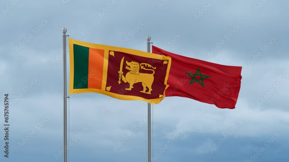 Morocco flag and Sri Lanka flag waving together on cloudy sky, endless seamless loop, two country relations concept Morocco flag and Sri Lanka flag waving together on cloudy sky, endless seamless loop, two country relations concept