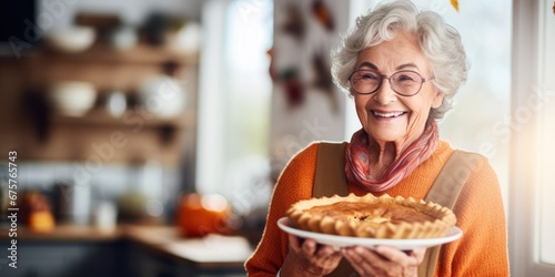 Grandmother old lady holding a pumpkin pie  copyspace  wide banner  fall autumn season. Thanksgiving holiday concept.