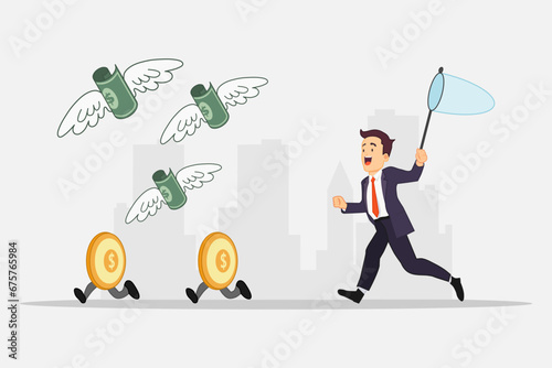 Businessman trying to catch the money. Money with wings and Coin with feet. Business concept. Vector illustration.