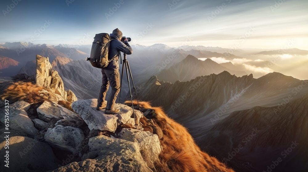 The photographer took a photo at the top of the mountain with a view of the snowy mountains - obrazy, fototapety, plakaty 