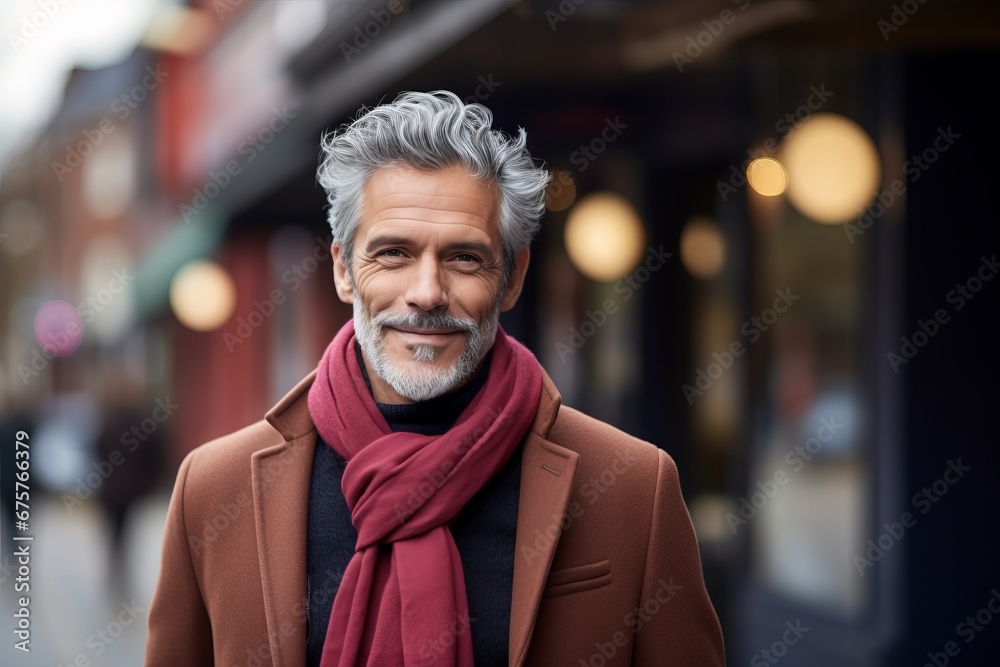 Portrait of a handsome senior man in coat and scarf on the street