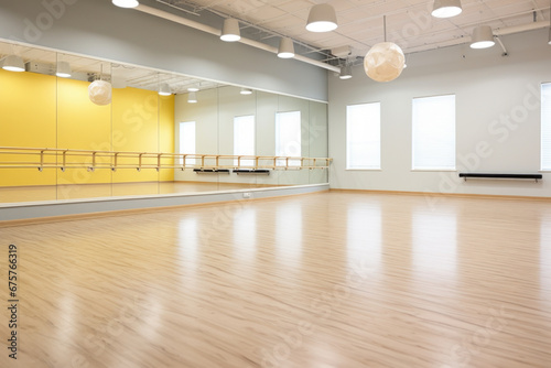 Bright dance hall with windows. Class with a bar for ballet lessons and choreography photo
