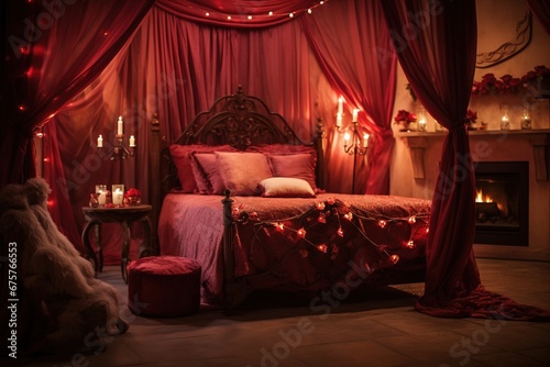 Romantic evening in the interior of a room with a red hearts. Valentine's day concept.