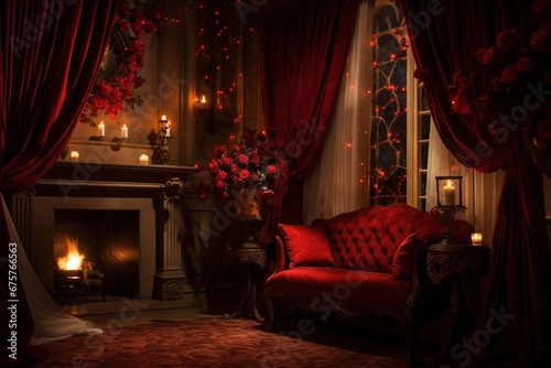 Romantic evening in the interior of a room with a red hearts. Valentine's day concept.