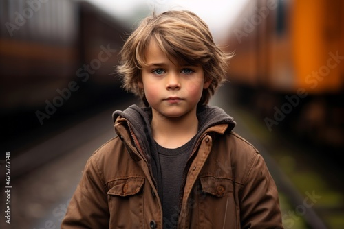 A portrait of a cute little boy on the platform of a railway station.
