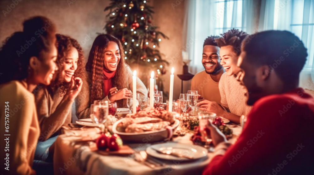 Happy multiethnic friends having Christmas dinner at home. Holidays, celebrations concept