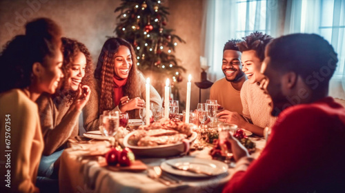 Happy multiethnic friends having Christmas dinner at home. Holidays  celebrations concept
