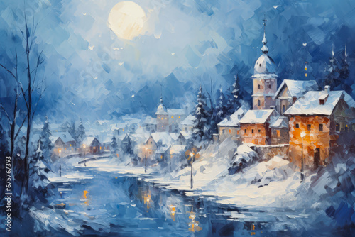 Oil on canvas. Enchanting snowy town. Glowing lights and artistic brushstrokes