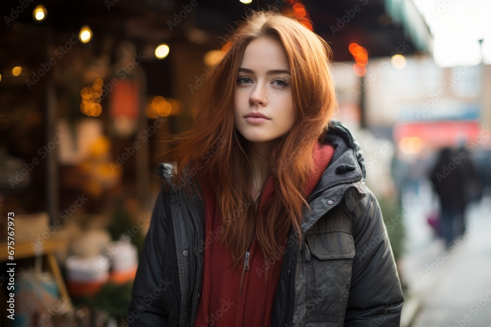 Portrait of a beautiful young woman with red hair in the city