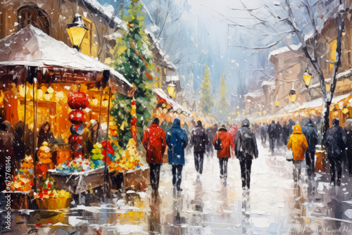 Wintry oil painting on canvas. Lively winter market. Artwork segment. Falling snow and bold paint texture © Enigma