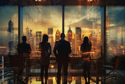 Group of business people silhouettes in modern office building and business network concept. Human resources. group of business people Management strategy