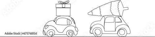 car with Christmas tree and car with gift line drawing, sketch, vector