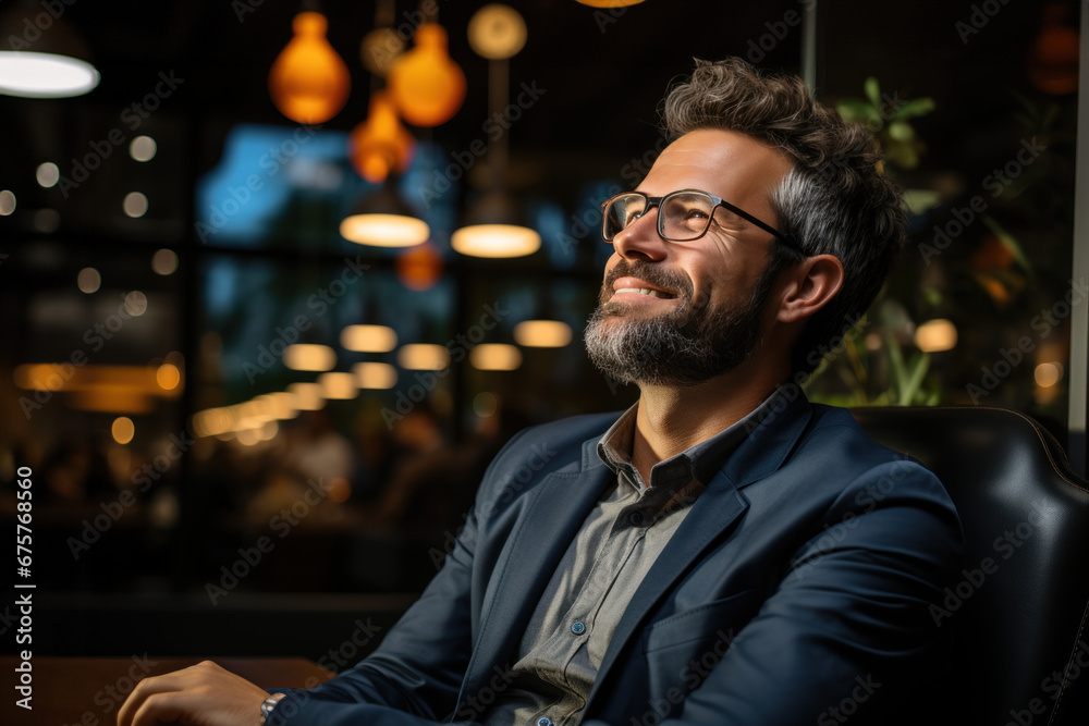 Project manager or experienced businessman Sitting and working on his computer or laptop happily in the office feels relieved and comfortable.