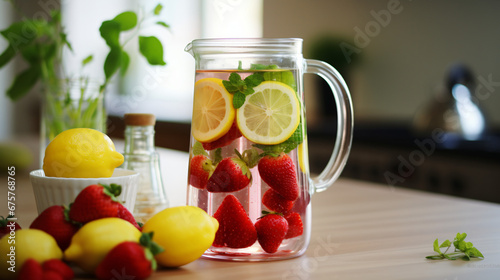  Infused water with strawberry, lime, and lemon.