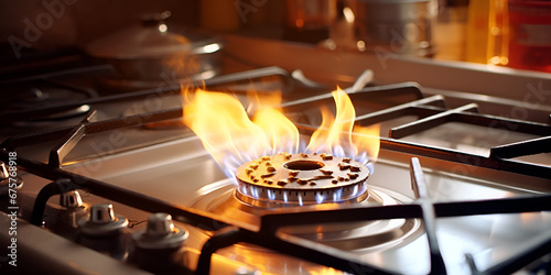 Dancing Flames: Culinary Artistry on the Gas Stove background ai generated