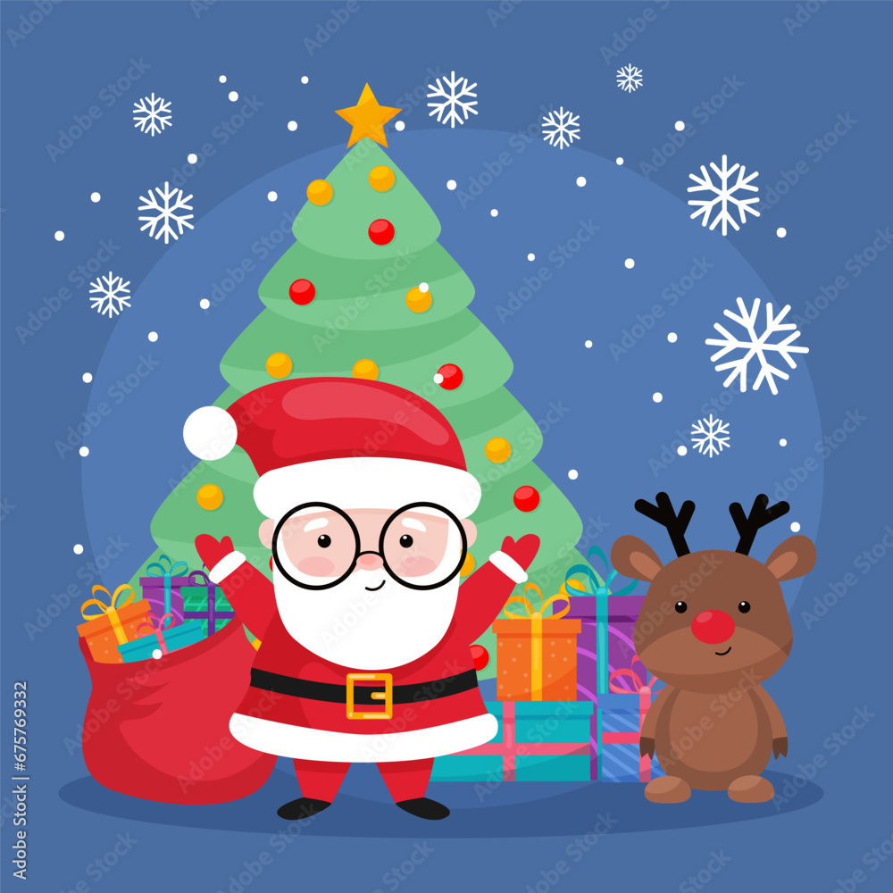 Cute Santa Claus, deer and Christmas tree. Christmas presents. Merry Christmas vector greeting card.