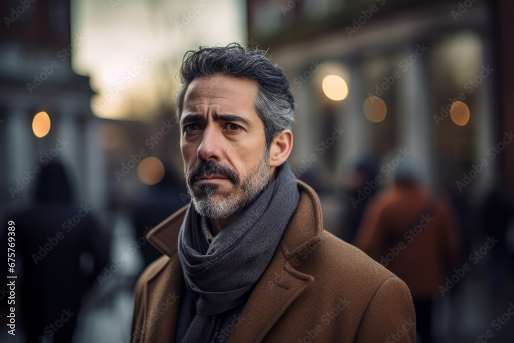 Portrait of a handsome middle-aged man wearing a coat and scarf in the city. Portrait of a handsome middle-aged man wearing a coat and scarf in the city.