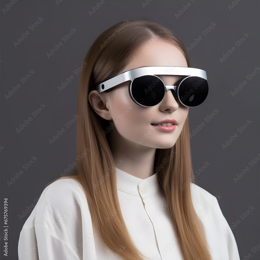 Photo of a girl in minimalist VR glasses with a fashionable design Photo of a girl in minimalist VR glasses with a fashionable design