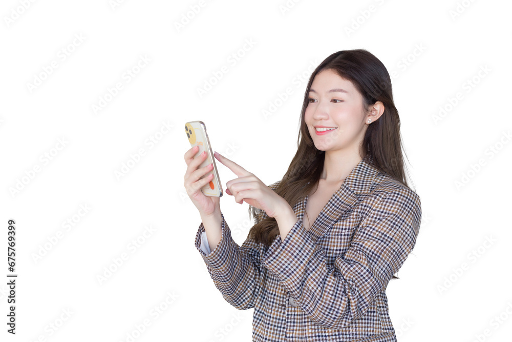 Young Asian professional woman with black long hair wearing plaid suit while she acts enjoy with success of work using smartphone while isolated on white background. Young Asian professional woman with black long hair wearing plaid suit while she acts enjoy with success of work using smartphone while isolated on white background.