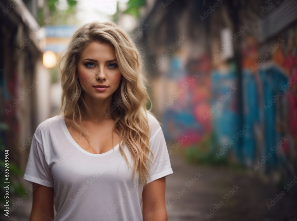 Young and Beautiful: Blond-haired Woman Posing Against Vibrant Graffiti Wall