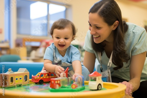 Nurse playing with child at hospital.