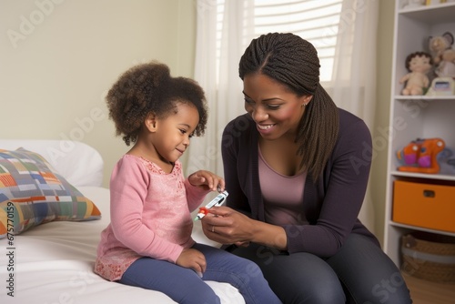 In the child's bedroom, a parent helps their young child prick their finger for a blood glucose test.