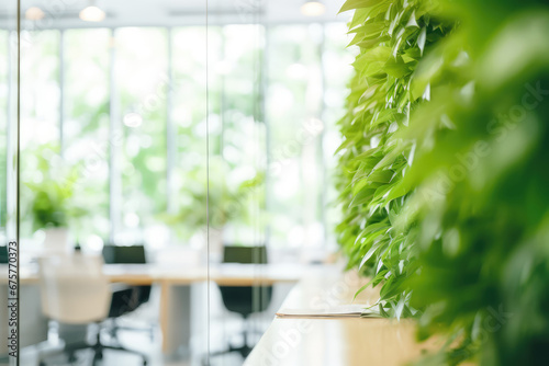 Biophilic Design Office Spaces - Office interiors featuring living green walls and natural light for well-being at work - AI Generated photo