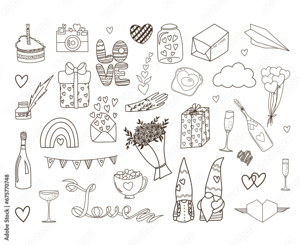 Obraz premium Romantic set for Valentine's Day of hand drawn elements in doodle style, vector clipart 