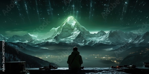 A person standing in front of a mountain with green lights.