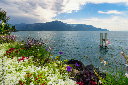 The flower quay in Montreux, Switzerland. Lake Geneva overlooking the Alps.
