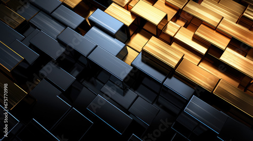Random stacked shiny gold and black metal bars background