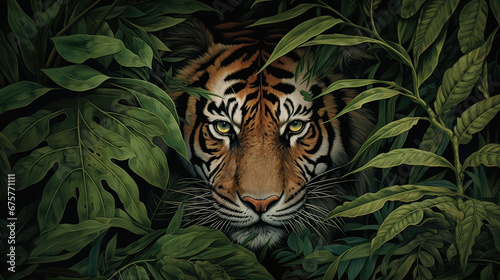Tiger framed by dense tropical foliage  a glimpse into its secret world  Ai Generative