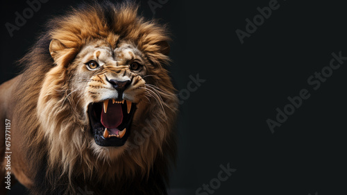 Angry lion roaring with open mouth isolated on gray background photo