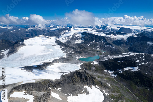 Aerial view of the last remaining Glaciers of Norway in Jostedalsbreen National Park at Stryneskåla photo