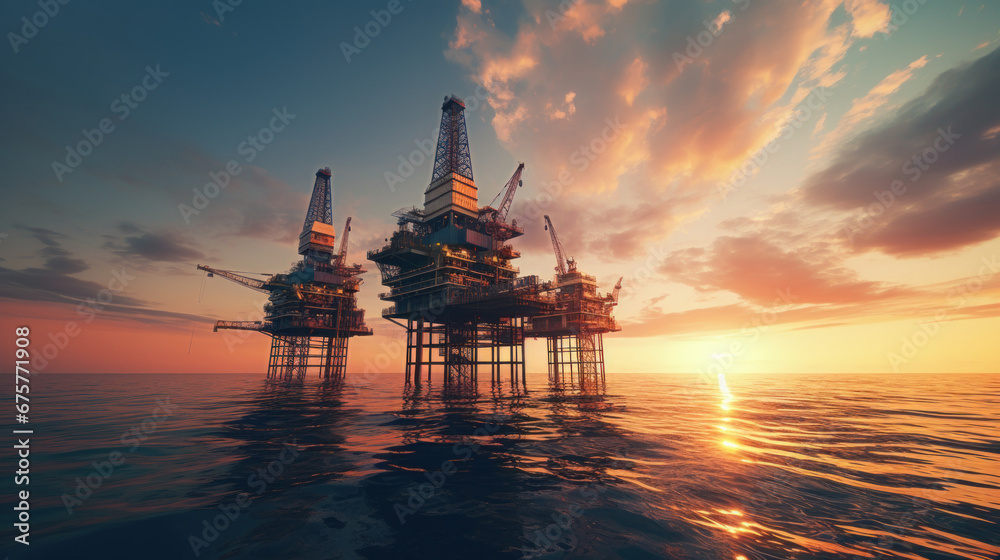 Oil drilling rig in the middle of the sea sunset time